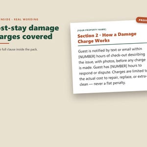 Pu&ograve; includere: Un'anteprima di documento intitolata Post-stay damage charges covered con una sezione chiamata Section 2 - How a Damage Charge Works. Il testo spiega il processo per notificare i danni agli ospiti, inclusi i tempi di risposta e reclamo.