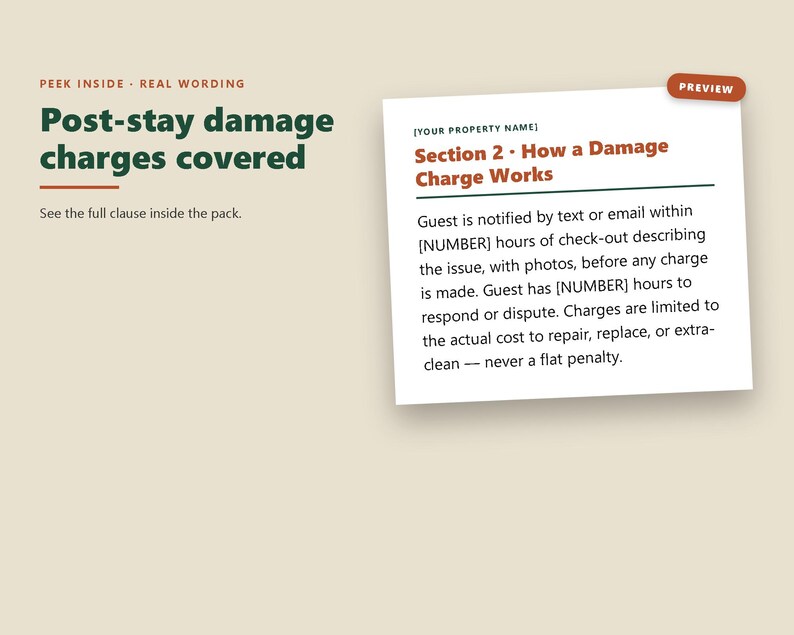 Pu&ograve; includere: Un'anteprima di documento intitolata Post-stay damage charges covered con una sezione chiamata Section 2 - How a Damage Charge Works. Il testo spiega il processo per notificare i danni agli ospiti, inclusi i tempi di risposta e reclamo.