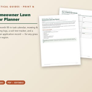 Op de afbeelding: Een Homeowner Lawn Year Planner documentenset met een 12-maanden invulbare takenkalender, maai- en bewateringslogboeken, een bodemtesttracker en een registratie voor kunstmesttoepassing met gestructureerde tabellen en tekst.