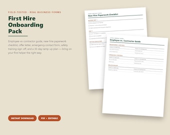 First Hire Onboarding Pack, Employee vs Contractor Guide, New Hire Checklist, Offer Letter, Safety Training Sign Off, Printable PDF