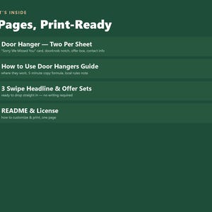 May include: A dark green digital document listing contents: 2 Pages, Print-Ready. Items include Door Hanger - Two Per Sheet, How to Use Door Hangers Guide, 3 Swipe Headline & Offer Sets, and README & License, each marked with a red checkmark.