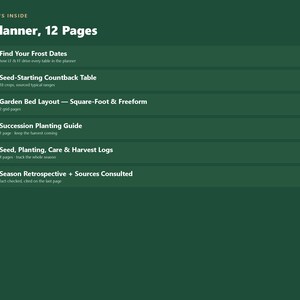 以下が含まれることがあります： WHAT'S INSIDE 1 Planner, 12 Pagesというタイトルのダークグリーンのインフォグラフィック。オレンジ色のチェックマークが付いた6つのセクションが記載されています：Find Your Frost Dates、Seed-Starting Countback Table、Garden Bed Layout、Succession Planting Guide、Seed, Planting, Care & Harvest Logs、Season Retrospective + Sources Consulted。