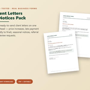 K&ouml;nnte beinhalten: Eine Sammlung von neun Gesch&auml;ftsformularen mit dem Titel Client Letters & Notices Pack, die bearbeitbare Vorlagen f&uuml;r Preiserh&ouml;hungen, versp&auml;tete Zahlungen und Bewertungen enth&auml;lt. Die Dokumente bieten Platzhalter f&uuml;r Firmennamen und Daten.
