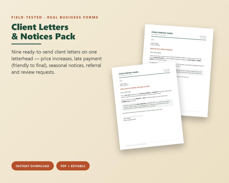 K&ouml;nnte beinhalten: Eine Sammlung von neun Gesch&auml;ftsformularen mit dem Titel Client Letters & Notices Pack, die bearbeitbare Vorlagen f&uuml;r Preiserh&ouml;hungen, versp&auml;tete Zahlungen und Bewertungen enth&auml;lt. Die Dokumente bieten Platzhalter f&uuml;r Firmennamen und Daten.