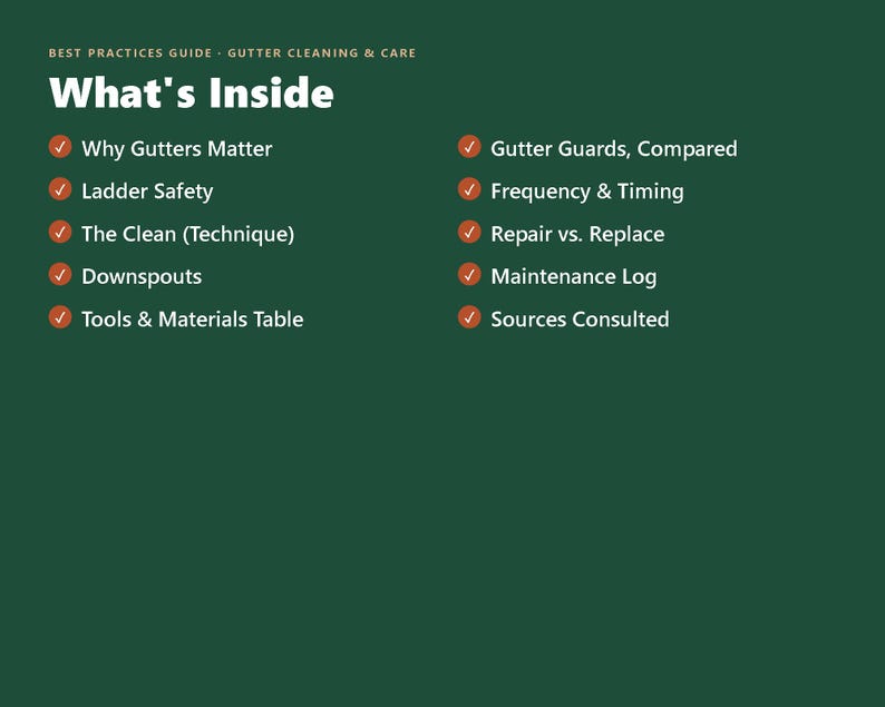 May include: A dark green informational guide titled Best Practices Guide - Gutter Cleaning & Care: What's Inside. It lists ten topics with orange checkmarks: Why Gutters Matter, Ladder Safety, The Clean, Downspouts, Tools & Materials Table, Gutter Guards, Compared, Frequency & Timing, Repair vs. Replace, Maintenance Log, and Sources Consulted.