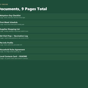 Może przedstawiać: Ciemnozielona infografika z tytułem WHAT'S INSIDE 8 Documents, 9 Pages Total. Zawiera listę siedmiu pozycji z zaznaczeniami: Adoption-Day Checklist, First-Week Schedule, Supplies Shopping List, Vet Visit Prep + Vaccination Log, Pet Info Profile, Household Rules Agreement oraz Local Contacts Card + README.