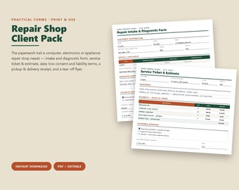 Repair Shop Forms, Service Ticket, Estimate, Data Loss Consent (PDF + Editable)
