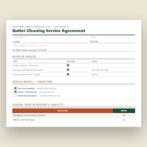 May include: A white Gutter Cleaning Service Agreement form for Anytown Lawn & Property Care. The document includes sections for client details, scope of service with checkboxes, service model options, and a liability disclosure table with initials J.S.