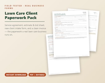 Lawn Care Service Agreement Template, Client Contract, Estimate & Bid Sheet, Invoice, New Client Intake Form, Editable Printable PDF