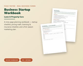 Lawn Care Business Startup Workbook, Pricing Worksheet, Licensing Checklist, Marketing Plan, Editable Printable PDF