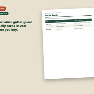 May include: A white informational document titled Gutter Guards with a dark green header and a table comparing foam inserts, screen mesh, and micro-mesh. The text reads: Know which gutter guard actually earns its cost &mdash; before you buy.