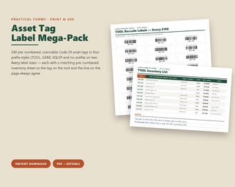 Asset Tag Labels, Tool Inventory Tracking System, Printable Barcode Stickers (PDF + Editable)