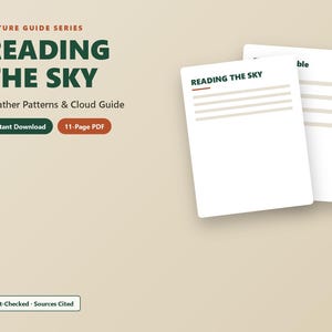 Op de afbeelding: Een 11-pagina tellende digitale PDF-gids getiteld Reading the Sky: Weather Patterns & Cloud Guide uit de Nature Guide Series. Het document bevat donkergroene tekst op een lichtbeige achtergrond, met twee witte pagina's met tekstregels.