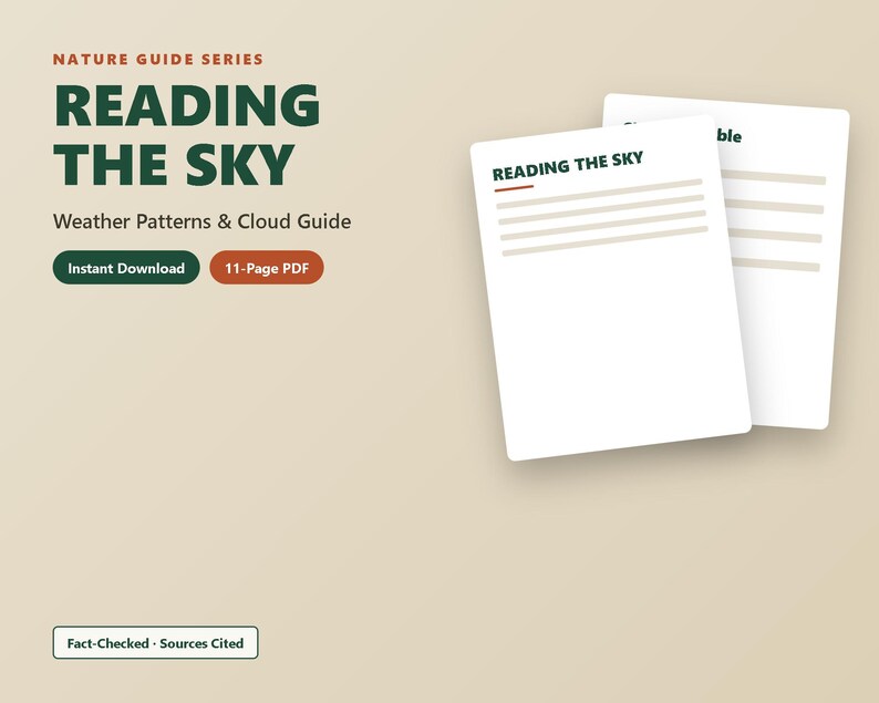 Op de afbeelding: Een 11-pagina tellende digitale PDF-gids getiteld Reading the Sky: Weather Patterns & Cloud Guide uit de Nature Guide Series. Het document bevat donkergroene tekst op een lichtbeige achtergrond, met twee witte pagina's met tekstregels.