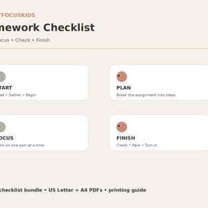 Pode incluir: Uma lista de verificação de tarefas de casa da BRIGHTFOCUSKIDS com o título Homework Checklist e o subtítulo Plan, Focus, Check, Finish. Inclui quatro caixas retangulares brancas rotuladas como START, PLAN, FOCUS e FINISH com texto.
