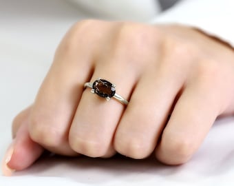 Smoky Quartz Sterling Silver Ring for Women · Stackable Gemstone Ring · Oval Cut Ring · Handmade Brown Ring