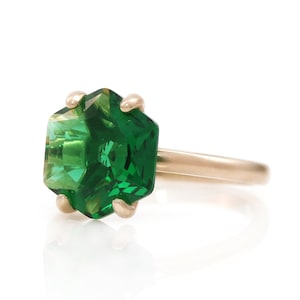 Feminine Rose Gold Emerald Ring · Delicate Stacking Ring · Green Emerald Gemstone Ring · Pink Gold Vintage Ring With Emerald