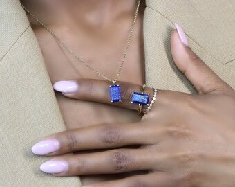 Perfect Holiday Gift Lapis Lazuli Necklace For Women · Solid Gold Gemstone Necklace · Rectangle Charm Pendant · September Birthstone Pendant