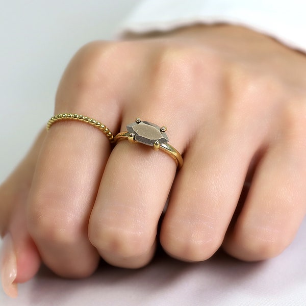 Earth Minded Pyrite Gold Ring · Marquise Stone Ring For Women · 24k Raw Pyrite Ring · Unique Engagement Ring · Gray Iron Pyrite Ring
