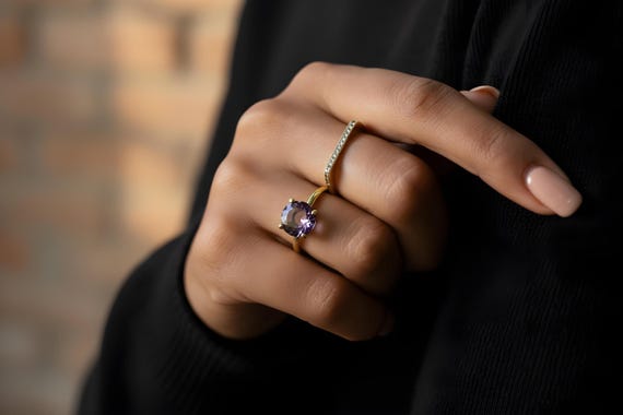 Purple Amethyst Ring · February Birthstone Ring · 18k Gold Band · Custom Solid Gold Ring · Stackable Ring · Gemstone Jewelry