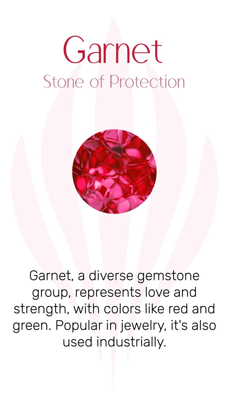 May include: A red gemstone, known as a garnet, is shown against a white background with the text "Garnet, Stone of Protection". Garnet is a diverse gemstone group that represents love and strength. It comes in colors like red and green and is popular in jewelry. It is also used industrially.