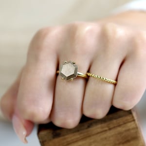 Gold Pyrite Ring · Gemstone Ring · Hexagon Cut Pyrite Solitaire Ring · 14k Ring Gold · Stackable Gem Ring