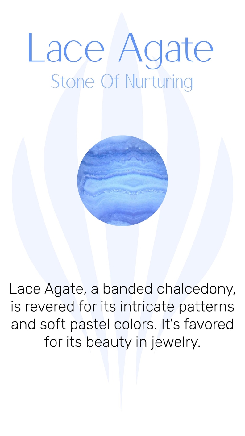 May include: Lace Agate, a banded chalcedony, is revered for its intricate patterns and soft pastel colors. It's favored for its beauty in jewelry.  "Stone Of Nurturing" is written below the image of the stone.