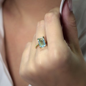 Blue Topaz Rectangle Gemstone Ring · 14k Gold Solitaire Ring · November Birthstone Ring · Emerald Cut Engagement Ring