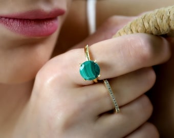 Malachite Gold Ring · Gold Vermeil Ring · Engagement Ring · 18k Malachite Ring · Malachite Prong Ring · Gemstone Ring
