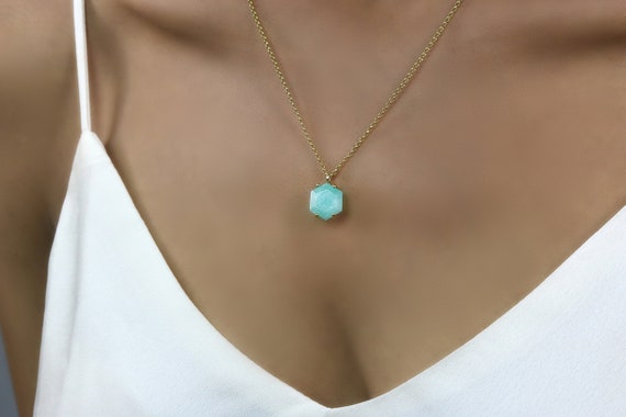 Amazonite Hexagon Pendant Necklace Genuine Gemstone Pendant Custom Long  Gold Filled Necklace 18k Gold Hexagonal Gem Necklace - Etsy