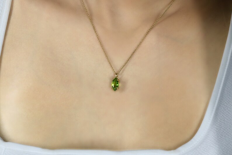 18k Peridot Pendant Necklace · Gold Green Peridot Necklace · August Birthstone Jewelry · Gift For Wife Marquise Necklace image 3