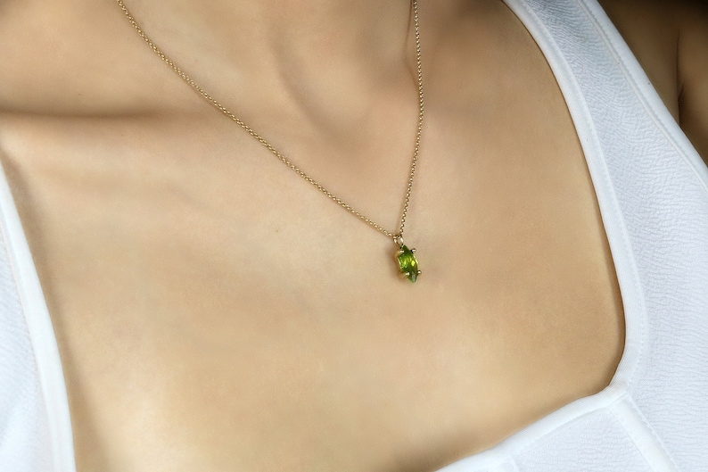 18k Peridot Pendant Necklace · Gold Green Peridot Necklace · August Birthstone Jewelry · Gift For Wife Marquise Necklace image 1