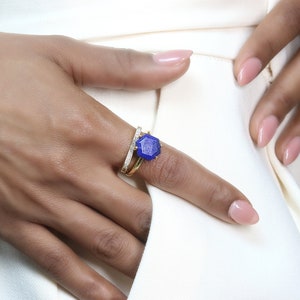 Hexagon Fine Gold Lapis Ring · 14k Solid Gold Engagement Ring · September Birthstone Wedding Ring · Solitaire Band Lapis Lazuli