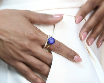 Hexagon Fine Gold Lapis Ring · 14k Solid Gold Engagement Ring · September Birthstone Wedding Ring · Solitaire Band Lapis Lazuli