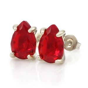 18kt White Gold Stud Earrings · July Birthstone Earrings · Pear Red Ruby Gemstone Earrings · Anniversary Gift Wife