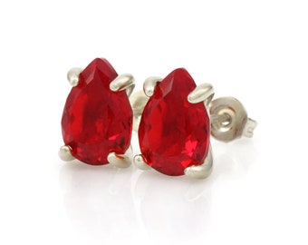 18kt White Gold Stud Earrings · July Birthstone Earrings · Pear Red Ruby Gemstone Earrings · Anniversary Gift Wife