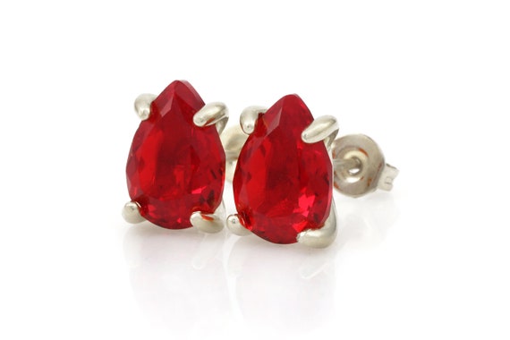 18kt White Gold Stud Earrings · July Birthstone Earrings · Pear Red Ruby Gemstone Earrings · Anniversary Gift Wife