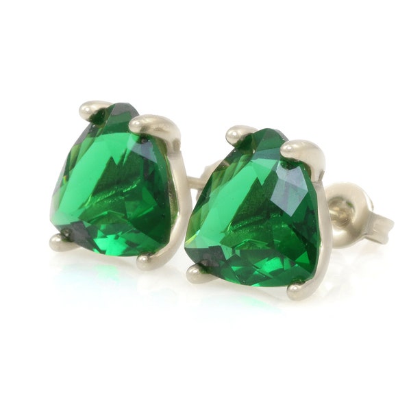 Trilliant Cut Emerald Earrings · White Gold Silver Palladium Emerald Earrings · Custom Cut Gemstone Earrings · May Birthstone Earrings