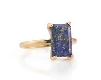 Lapis Lazuli Ring · Wisdom Gemstone Ring · September Birthstone Rose Gold Ring · Rectangle Emerald Cut Blue Ring