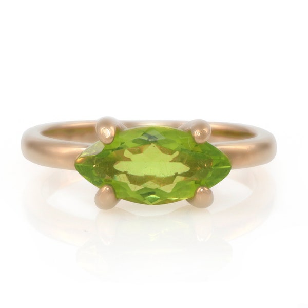 Beautiful Pink 18k Gold Peridot Ring · Rose Gold Engagement Ring · Marquise Gemstone Ring · August Birthstone Solitaire Ring