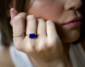 Lapis Lazuli Engagement Ring · Blue Lapis Rectangle Ring · September Birthstone Natural Lapis Lazuli Ring ·  Lapis Lazuli Wedding Ring