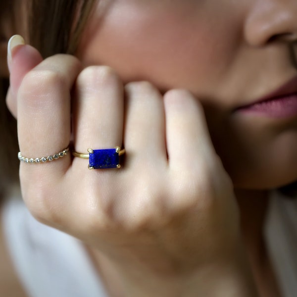 Lapis Lazuli Engagement Ring · Blue Lapis Rectangle Ring · September Birthstone Natural Lapis Lazuli Ring ·  Lapis Lazuli Wedding Ring
