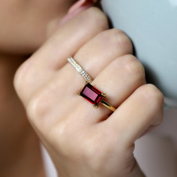 Garnet Solitaire Ring · Minimalist Engagement Ring · Rectangle Cocktail Ring · January Birthstone Ring For Women