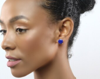 Bridal Earrings In Gold · Hexagon Shape Earrings · Geometrical Gemstone Earrings · Lapis Stud Gold Earrings · Gold Vermeil Earrings