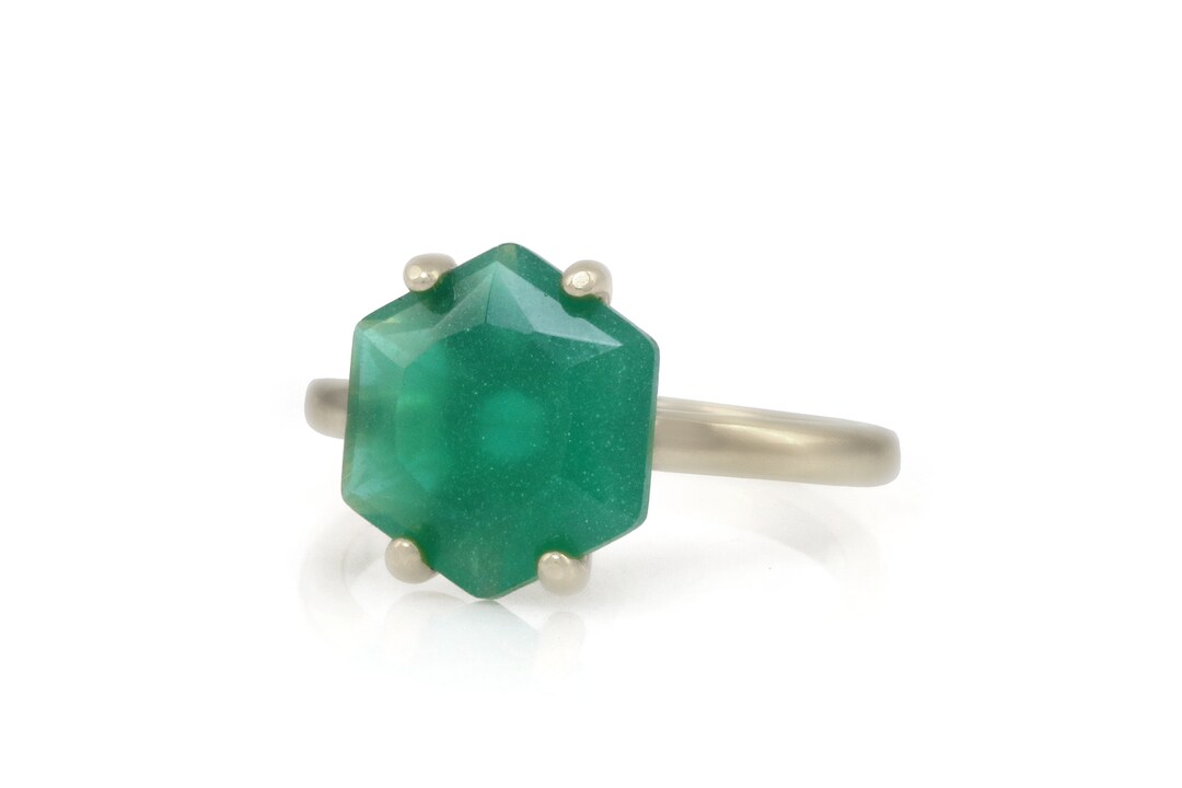 Green Onyx Ring Sterling Silver Hexagon Emerald Green Ring Etsy