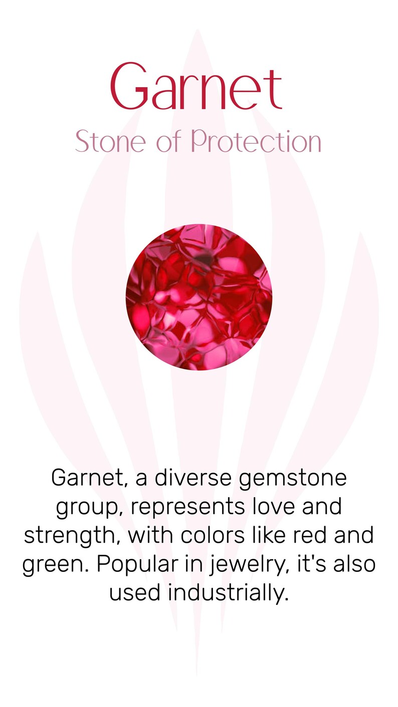 May include: A red gemstone, known as a garnet, is shown against a white background with the text "Garnet, Stone of Protection". Garnet is a diverse gemstone group that represents love and strength. It comes in colors like red and green and is popular in jewelry. It is also used industrially.