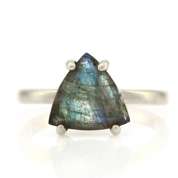 925 Sterling Silver Labradorite Ring · Triangle Cut Silver Ring · Semiprecious Gemstone Ring · White Gold Engagement Ring