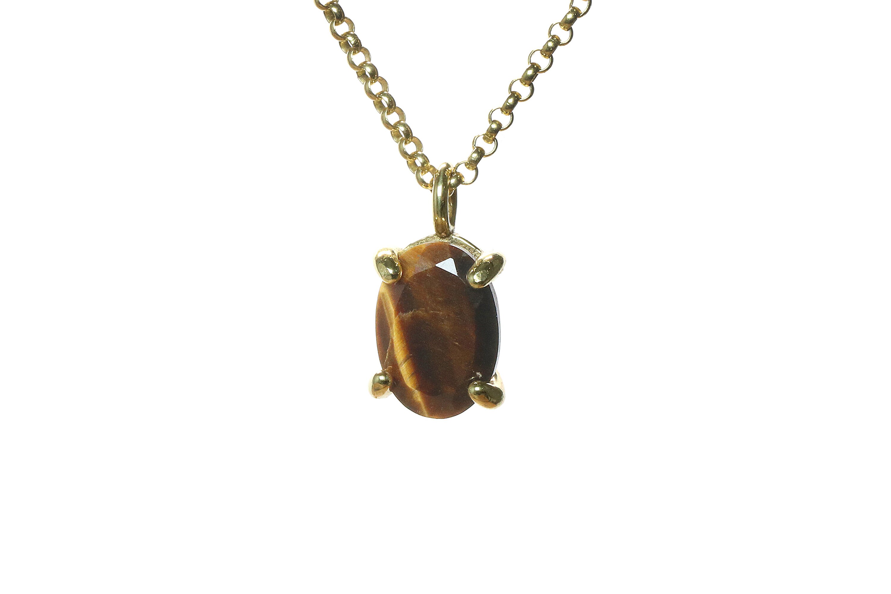 Collier Vintage Chaîne Dorée Avec Pendentif Oeil De Tigre Ovale - Bijou Occasion Unique