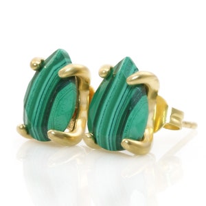 Malachite Stud Earrings · Gold Malachite Earrings · 18k Gold Stud Earrings · Green Gemstone Earrings · Simple Stone Earrings