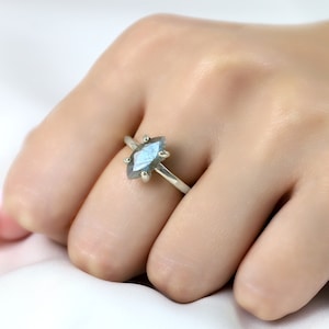 Puede incluir: Un anillo de plata con una piedra preciosa azul iridiscente en forma de marquesa. La piedra est&aacute; engastada con seis garras. El anillo se muestra en una mano sobre un fondo blanco.